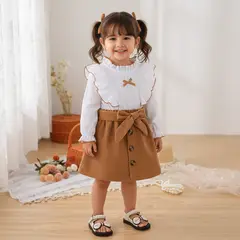 CHINA - Conjunto De 3 Prendas Para Niña Polera Manga Larga + Falda Y Cinturón Cotele Ocre CJ117