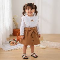 Conjunto De 3 Prendas Para Niña Polera Manga Larga + Falda Y Cinturón Cotele Ocre CJ117