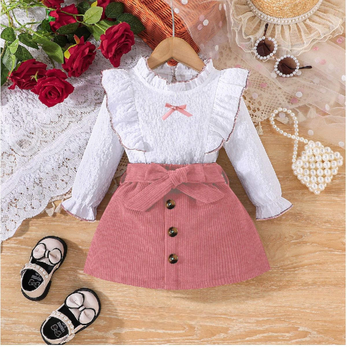 CHINA - Conjunto De 3 Prendas Para Niña Polera Manga Larga + Falda Y Cinturón Cotele Rosado CJ120