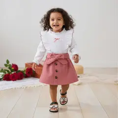 CHINA - Conjunto De 3 Prendas Para Niña Polera Manga Larga + Falda Y Cinturón Cotele Rosado CJ120