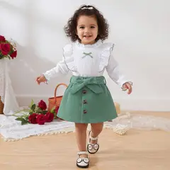 CHINA - Conjunto De 3 Prendas Para Niña Polera Manga Larga + Falda Y Cinturón Cotele Verde CJ119