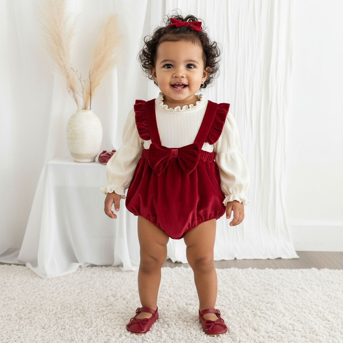 CHINA - Conjunto Para Niña De 2 Prendas Polera Manga Larga Colar Crema + Overol Aterciopelado Burdeo CJ121