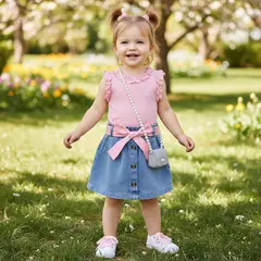 CHINA - Conjunto Para Niña De 3 Prendas Polera Rosado + Falda De Mezclilla Y Cinturón CJ006