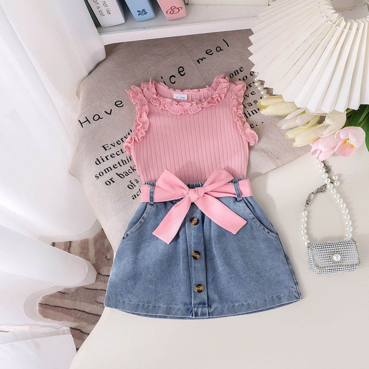 CHINA - Conjunto Para Niña De 3 Prendas Polera Rosado + Falda De Mezclilla Y Cinturón CJ006