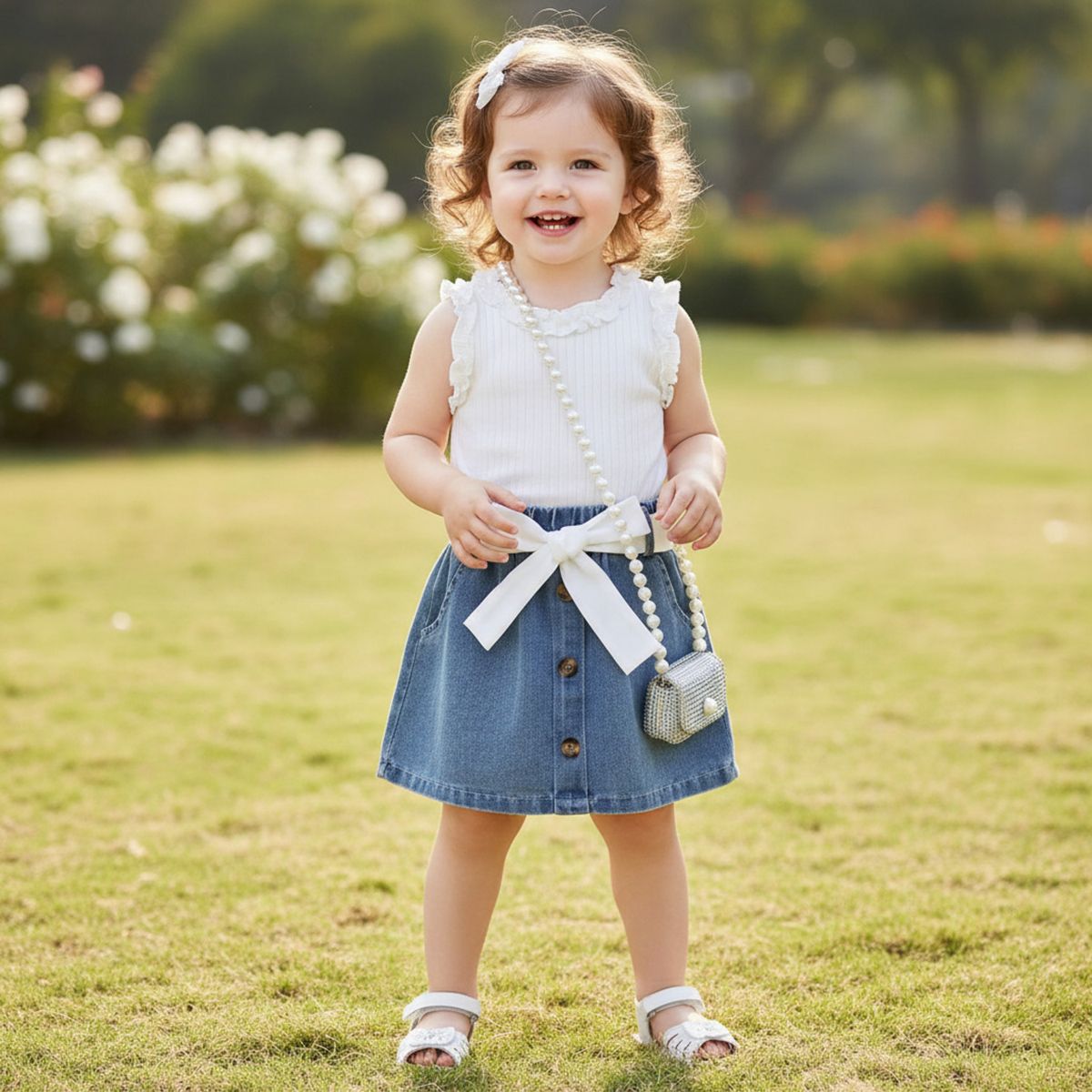 CHINA - Conjunto Para Niña De 3 Prendas Polera Blanco + Falda De Mezclilla Y Cinturón CJ007