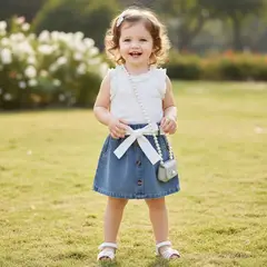 CHINA - Conjunto Para Niña De 3 Prendas Polera Blanco + Falda De Mezclilla Y Cinturón CJ007