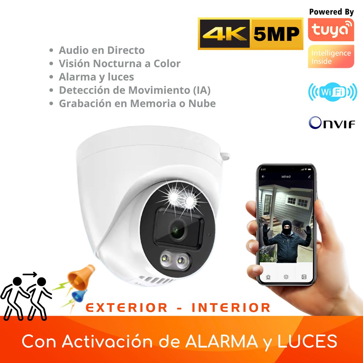 D MOTICA - Cámara Mini Domo Fija Wifi Inteligente 4K 5MP - Audio y Detección Movimiento