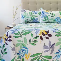 DORAL - CUBRECAMA QUILT STITCHY ESTAMPADO RAMAS VERDE Y AZUL 2.5 PLAZAS