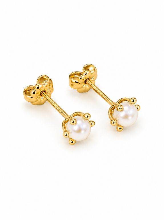 Aros Perla Cultivada Pistilo 4mm N2 Oro 18K Atornillados 1.30gr Mujer Elegantes