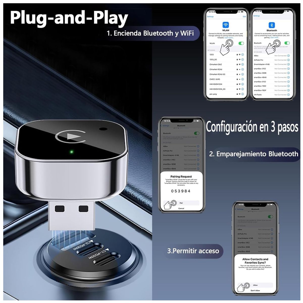 KUANGYE - Adaptador Automático Inalámbrico 2 En 1 Para Carplay/android