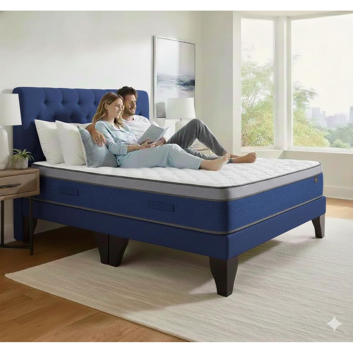 GENERICO - Cama 2 Plazas + Colchon Gris Capitone