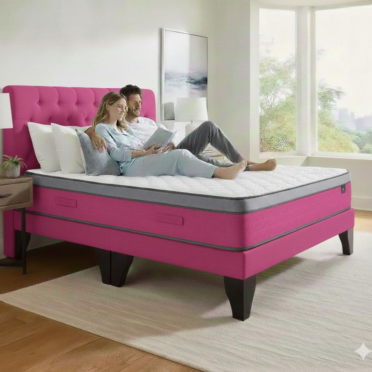 GENERICO - Cama 2 Plazas + Colchon Fuscia Capitone