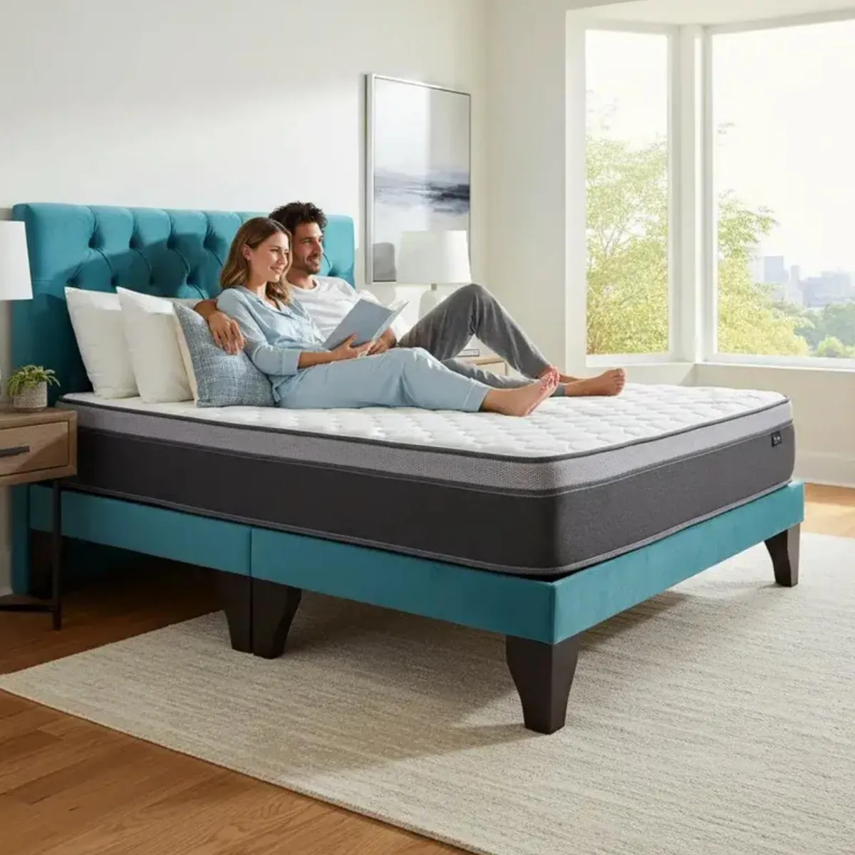 GENERICO - Cama 2 Plazas + Colchon Turquesa Capitone