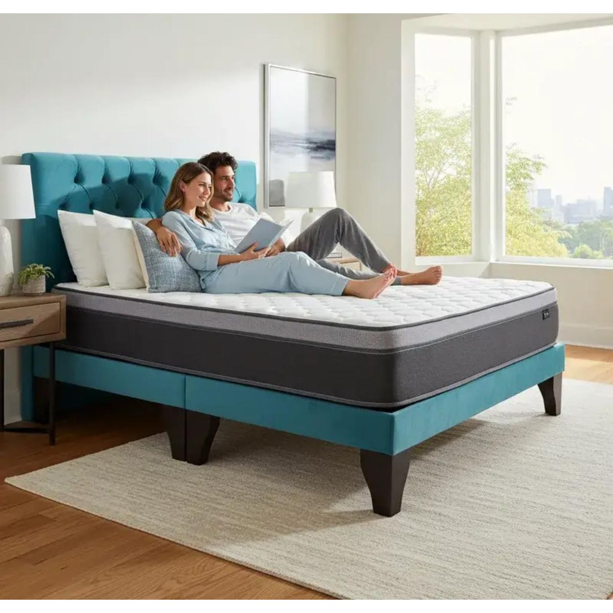 GENERICO - Cama 2 Plazas + Colchon Turquesa Capitone