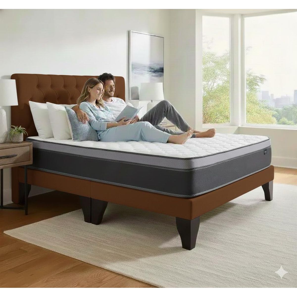 GENERICO - Cama 2 Plazas + Colchon Marron Capitone