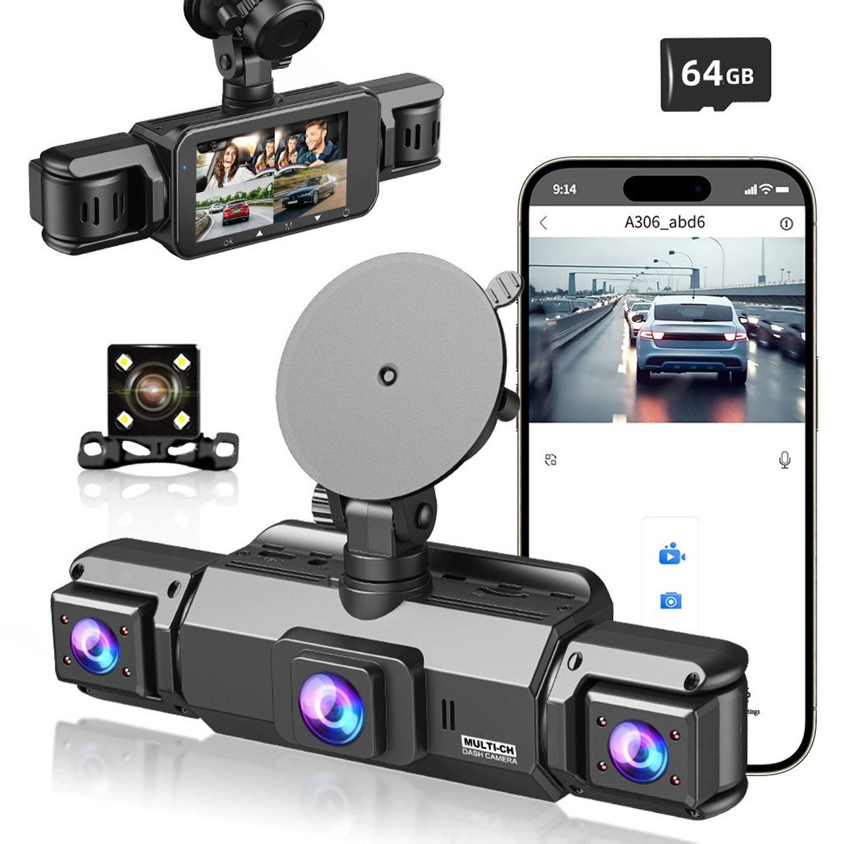 KUANGYE - 1080p Cámara Para Auto Dash Cam 4 Cámara Gps Wifi + 64gb