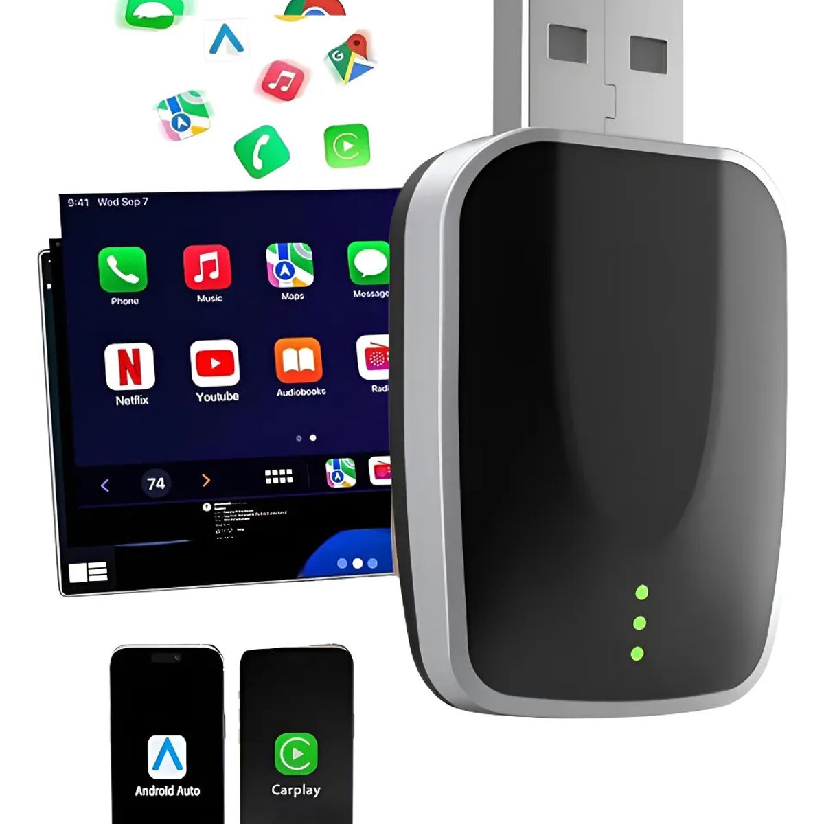 KUANGYE - Xd Adaptador Inalámbrico Car Play - Android Auto Converter Conexiones Wi-Fi 6 + Bluetooth 5.0