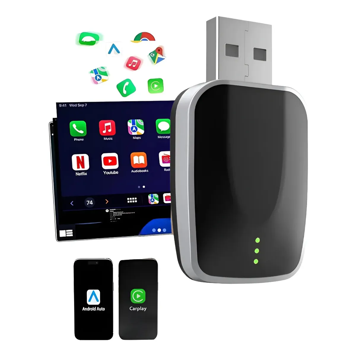 KUANGYE - Xd Adaptador Inalámbrico Car Play - Android Auto Converter Conexiones Wi-Fi 6 + Bluetooth 5.0