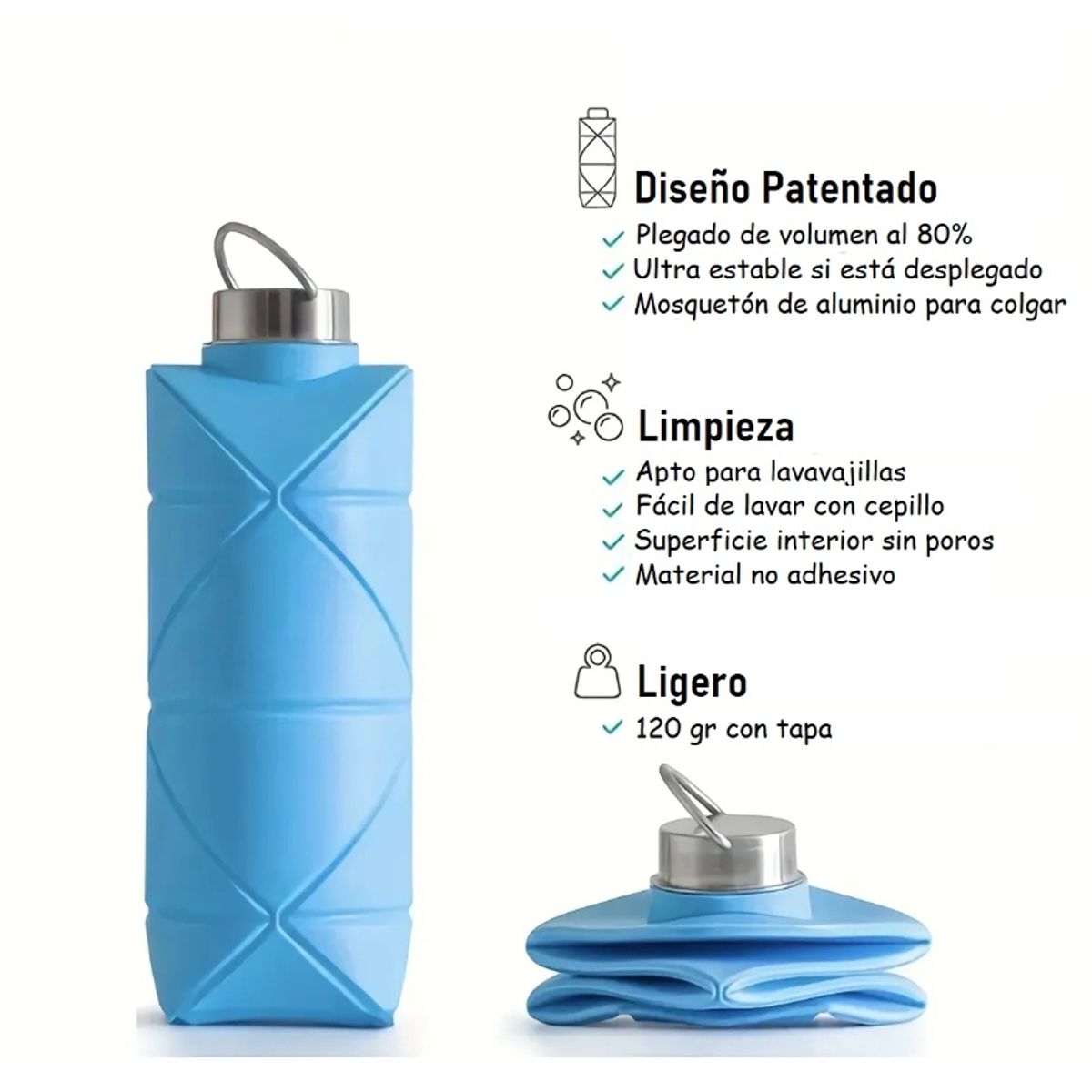 GENERICO - Botella Deportiva Plegable de Silicona 600 ML Color AZUL