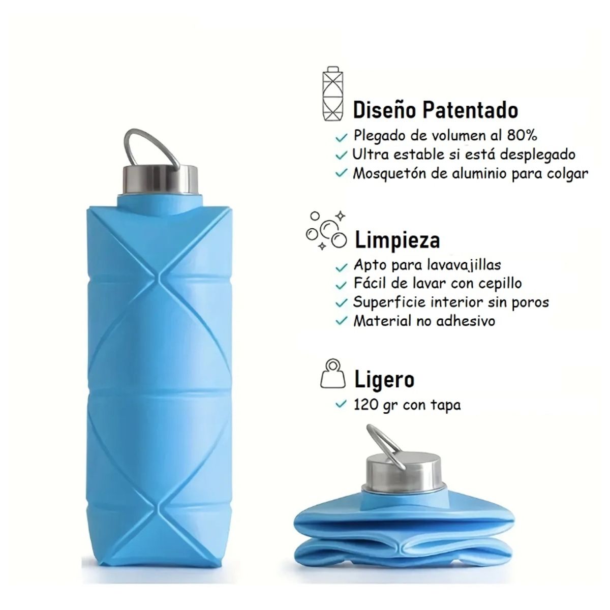 GENERICO - Botella Deportiva Plegable de Silicona 600 ML Color AZUL