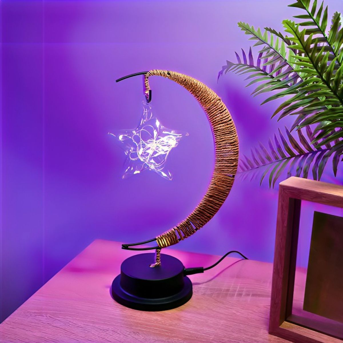 GENERICO - Lámpara LED Media Luna con Cáñamo y Colgante Estrella