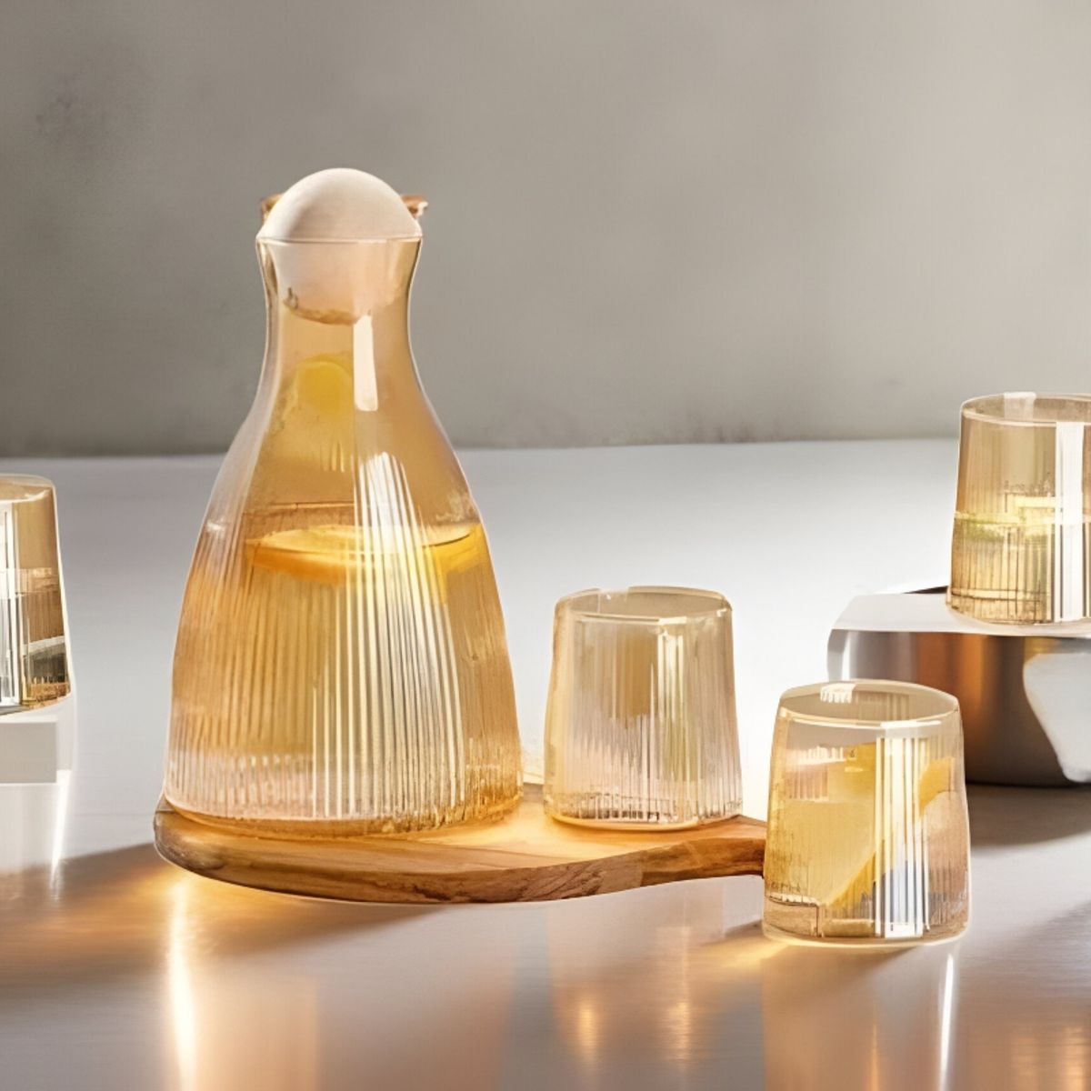 GENERICO - SET DE JARRA MAS 6 VASOS CON TAPA DE BAMBU