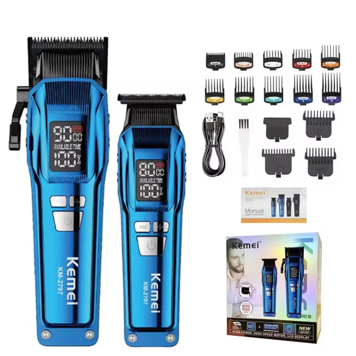 KEMEI - Set cortadora de pelo profesional kemei km2797 color Azul de 9000RPM