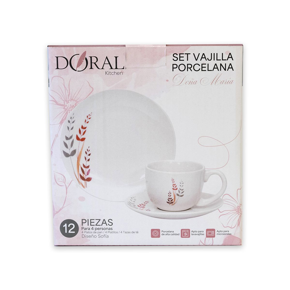 DORAL - SET VAJILLA DE TÉ PORCELANA DOÑA MARIA 12 PZA DISEÑO SOFIA