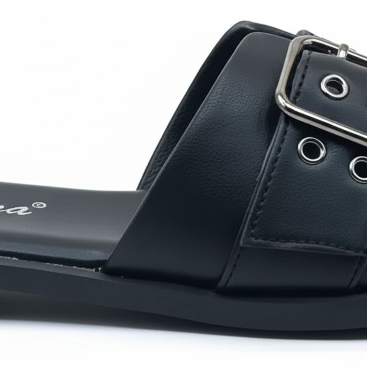 BOVINITA - Sandalia Mujer Negra Hebilla Ajustable Planta Baja Cómoda