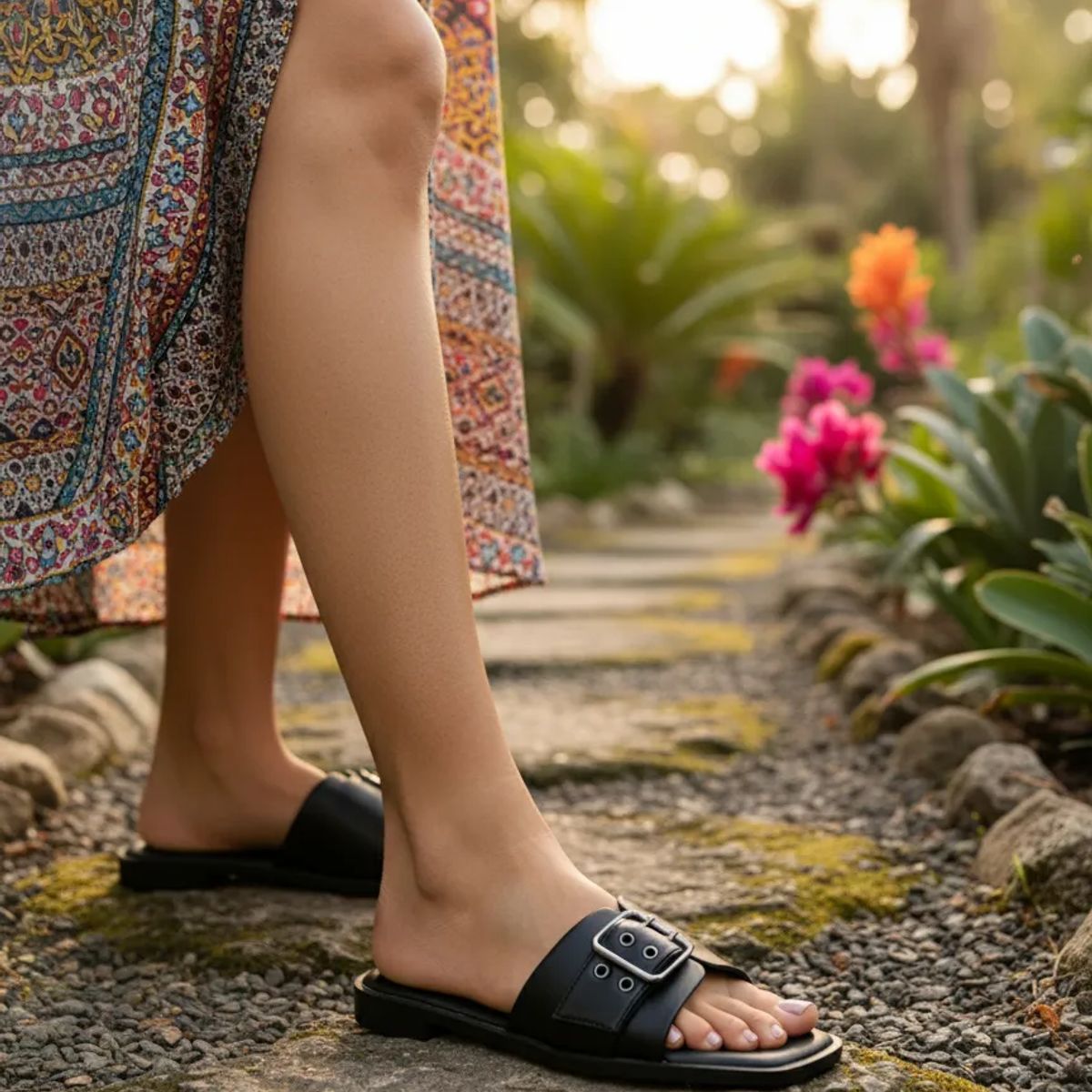 BOVINITA - Sandalia Mujer Negra Hebilla Ajustable Planta Baja Cómoda