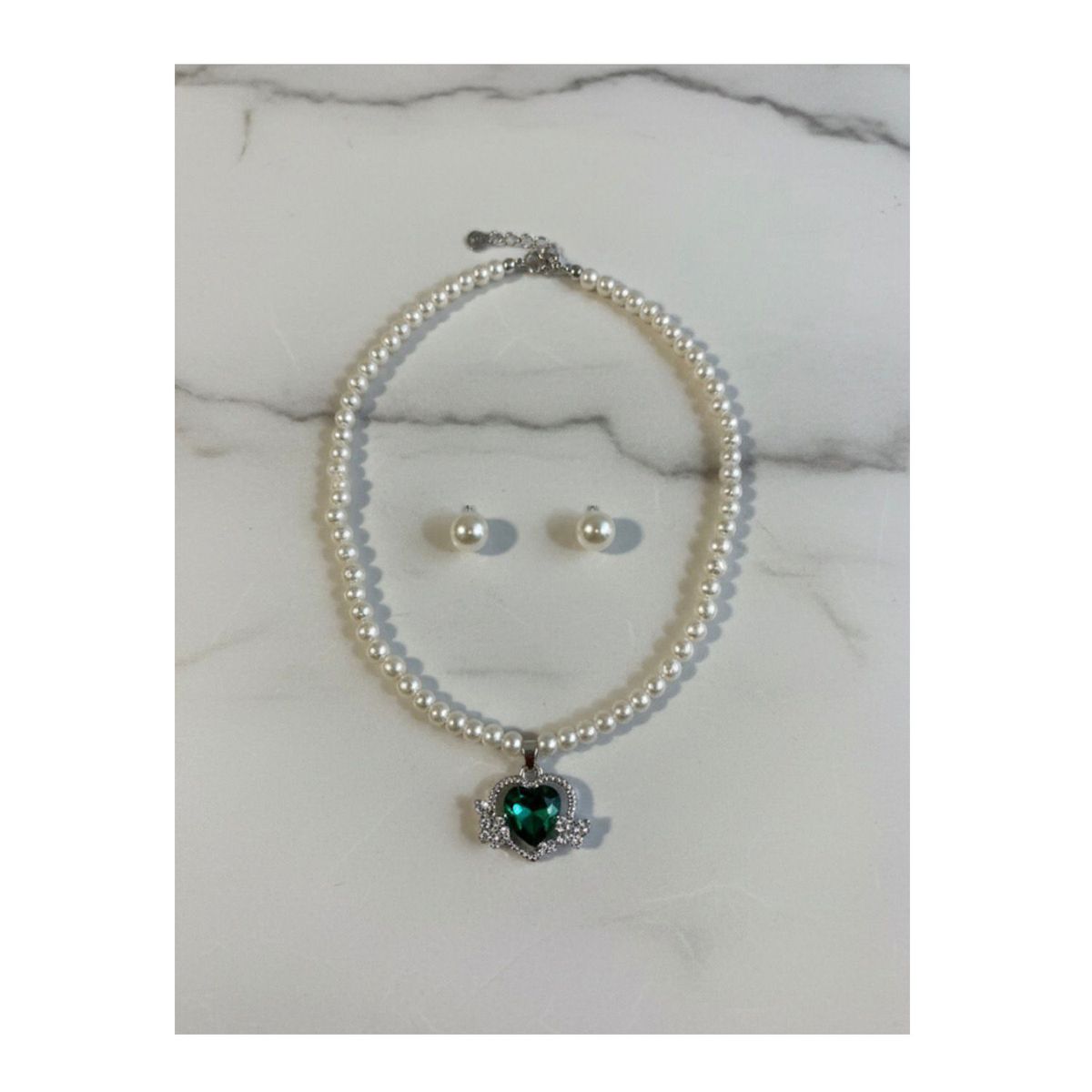 GENERICO - Set Pendientes y Collar Con Perlas Corazon Verde