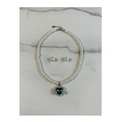 GENERICO - Set Pendientes y Collar Con Perlas Corazon Verde