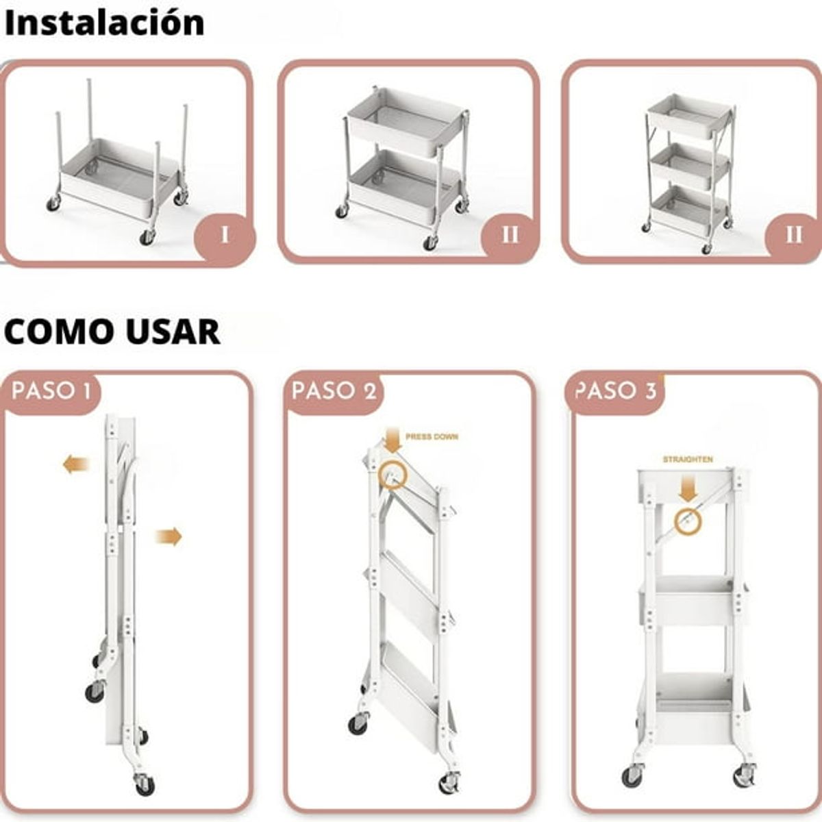 GENERICO - Carrito Organizador Estante Plegable Almacenamiento Con Ruedas Blanco