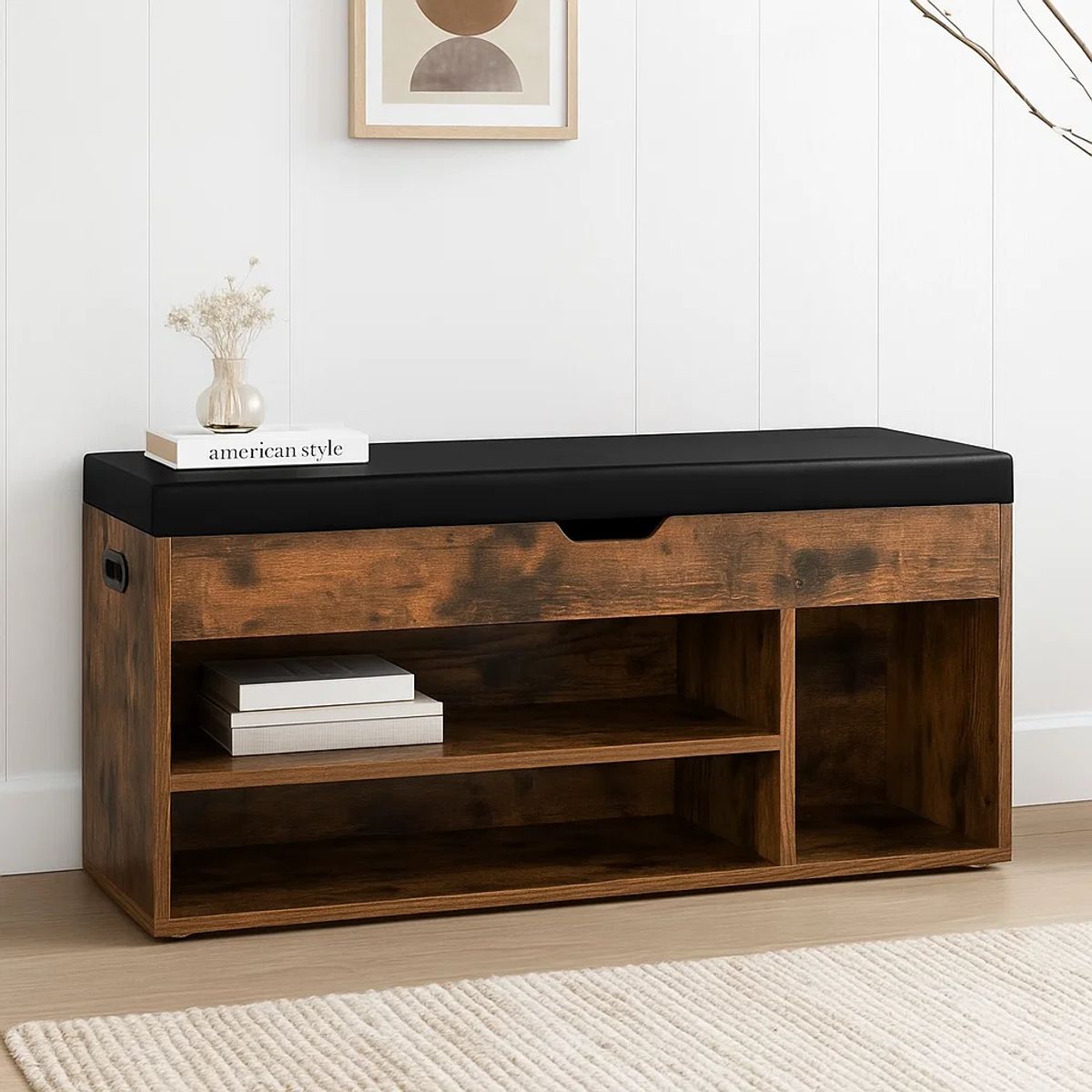 KLIK - Banco Zapatero de Madera Rústica con Asiento Acolchado y Baúl de Almacenaje