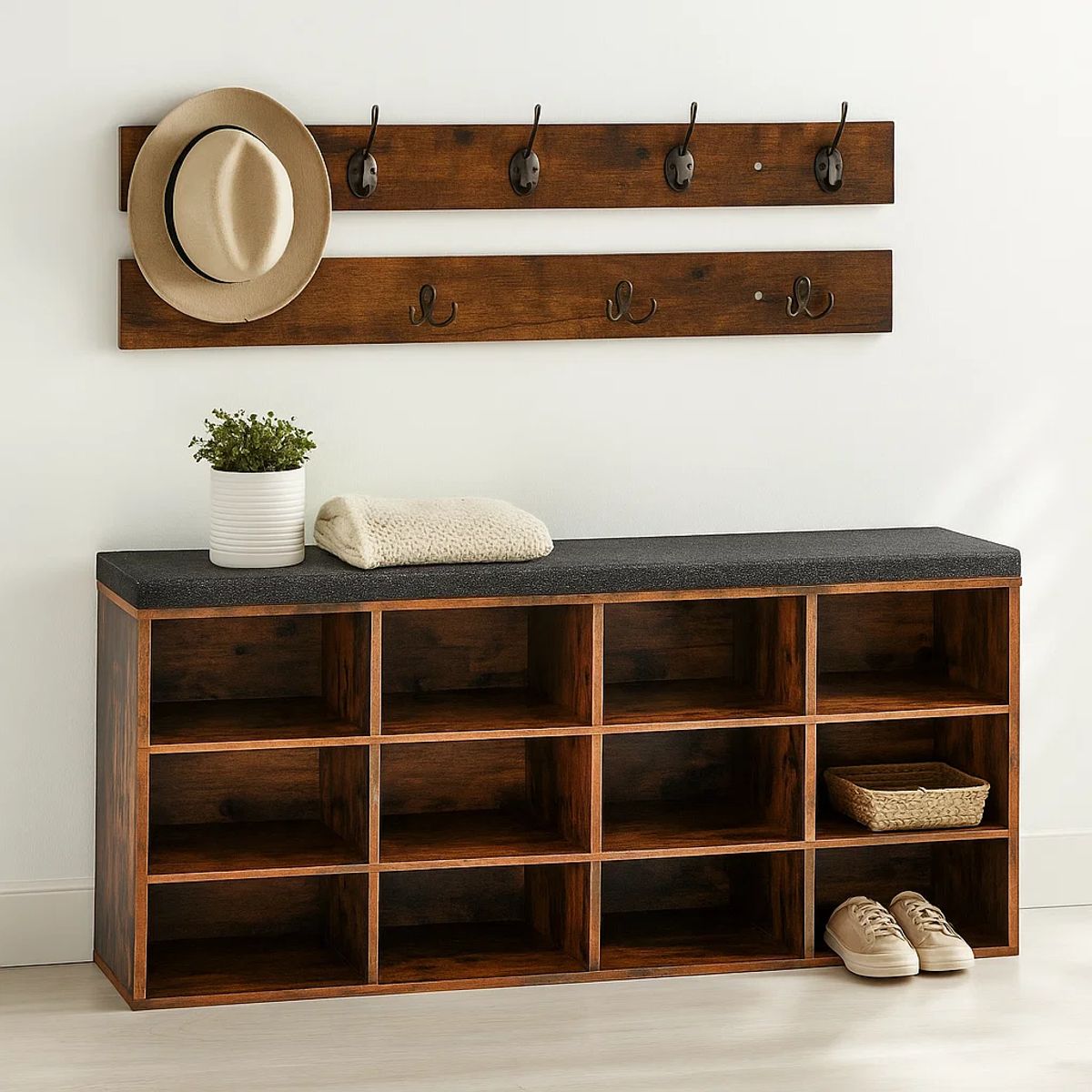 KLIK - Banco Organizador con Zapatero y Percheros Rústicos