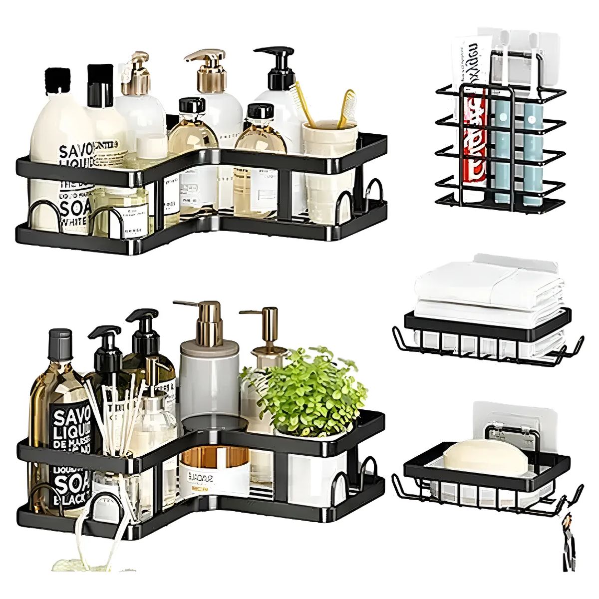 GENERICO - Set 5 Piezas Esquinero Organizador Ducha Baño Adhesivo Negro