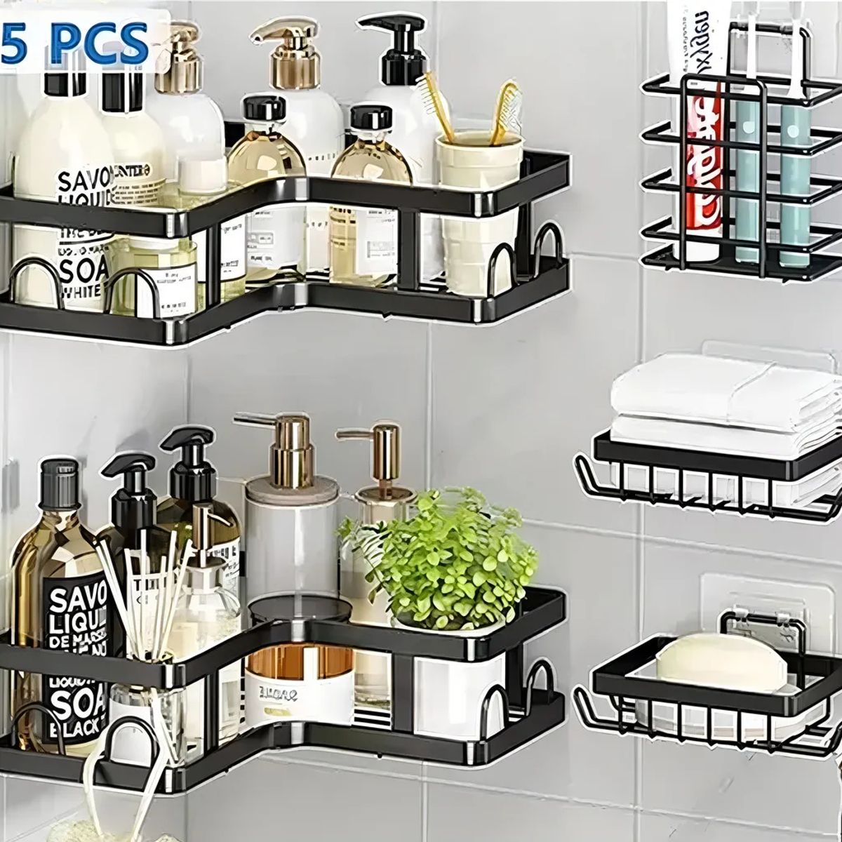GENERICO - Set 5 Piezas Esquinero Organizador Ducha Baño Adhesivo Negro
