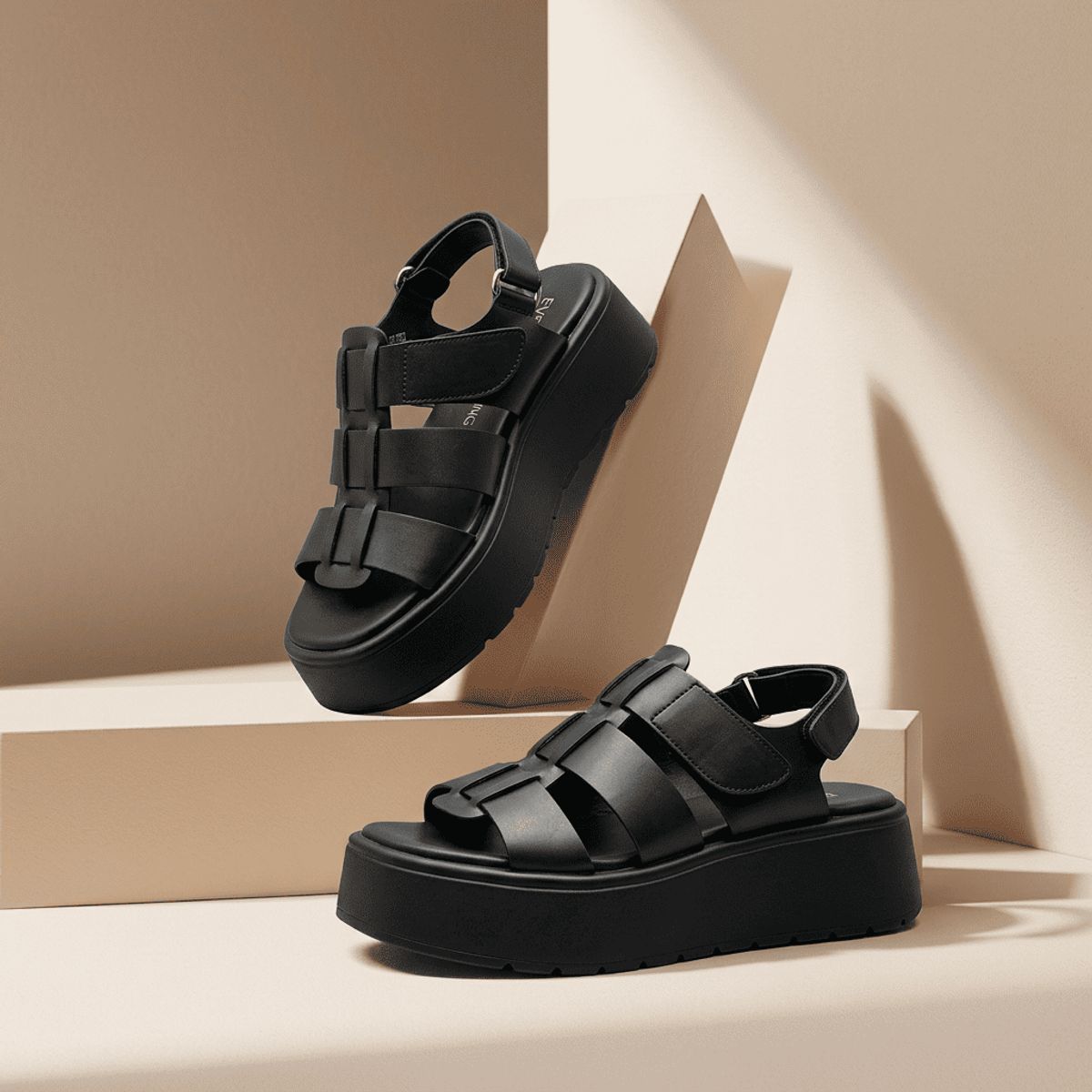 BOVINITA - Sandalia Plataforma Negra Mujer Cómoda Con Velcro