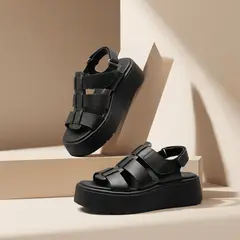 BOVINITA - Sandalia Plataforma Negra Mujer Cómoda Con Velcro