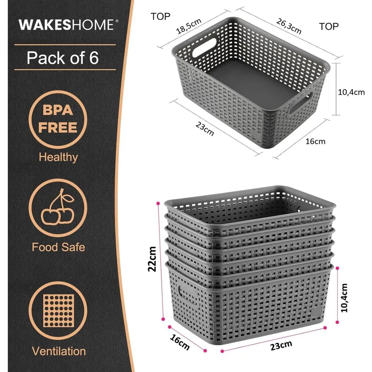 GENERICO - Pack Caja Organizadora 6 Lt. Color Gris Canasto Cocina 6 Unidades - Gris