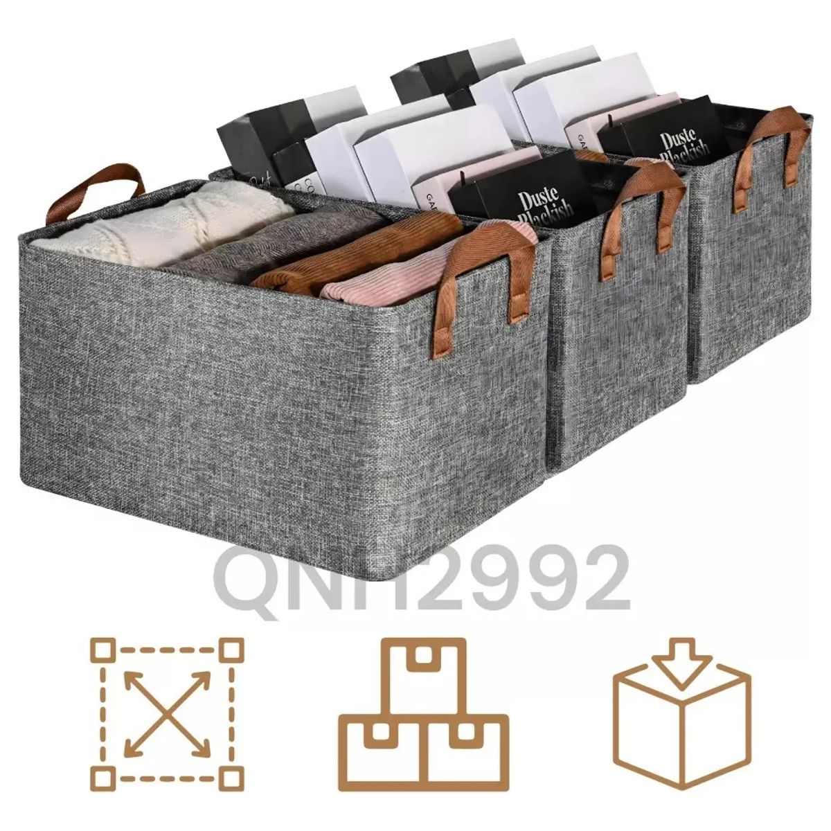 GENERICO - 3x Bolsas Organizador Ropa Caja Plegable Asa Almacenamiento Gris Oscuro Lisa
