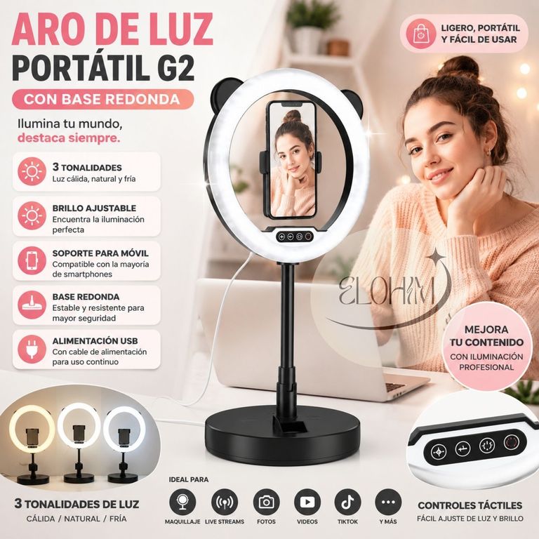 MOVI Aro de Luz Portátil G2 Con Base Redonda- Brillo Profesional para Fotos y Videos