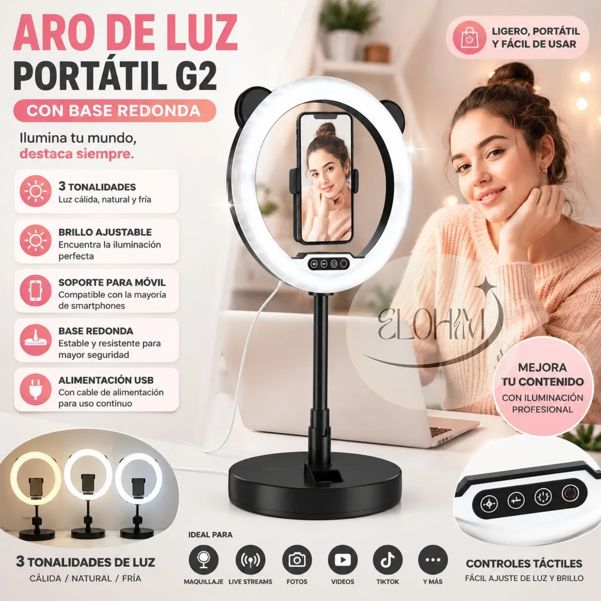 MOVI - Aro de Luz Portátil G2 Con Base Redonda- Brillo Profesional para Fotos y Videos