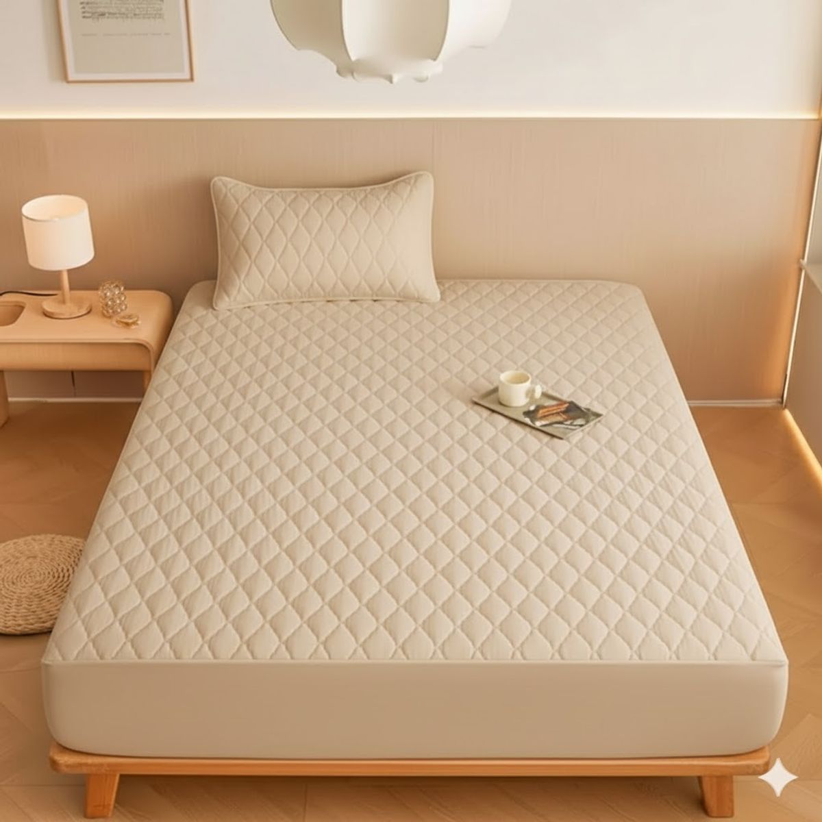GENERICO - cubre colchón BEIGE 1.5 PLAZA protector impermeable 1 funda de almohada RS