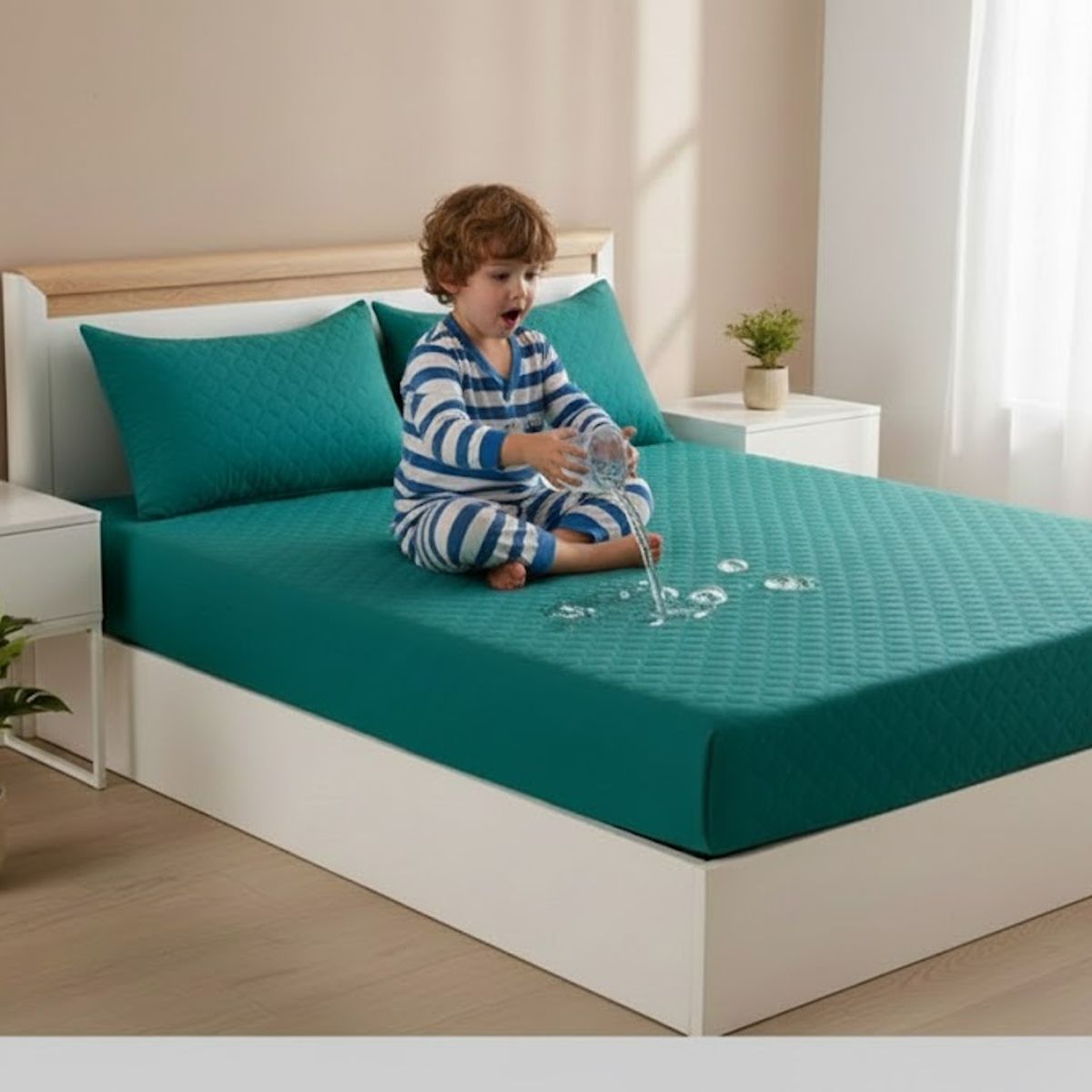 GENERICO - TOPPER CUBRECOLCHON  IMPERMEABLE 2 PLAZA TURQUESA CON 2 FUNDA