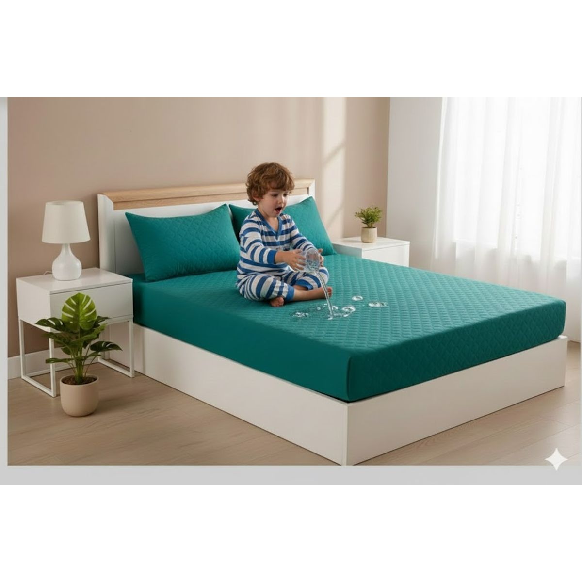 GENERICO - TOPPER CUBRECOLCHON  IMPERMEABLE 2 PLAZA TURQUESA CON 2 FUNDA