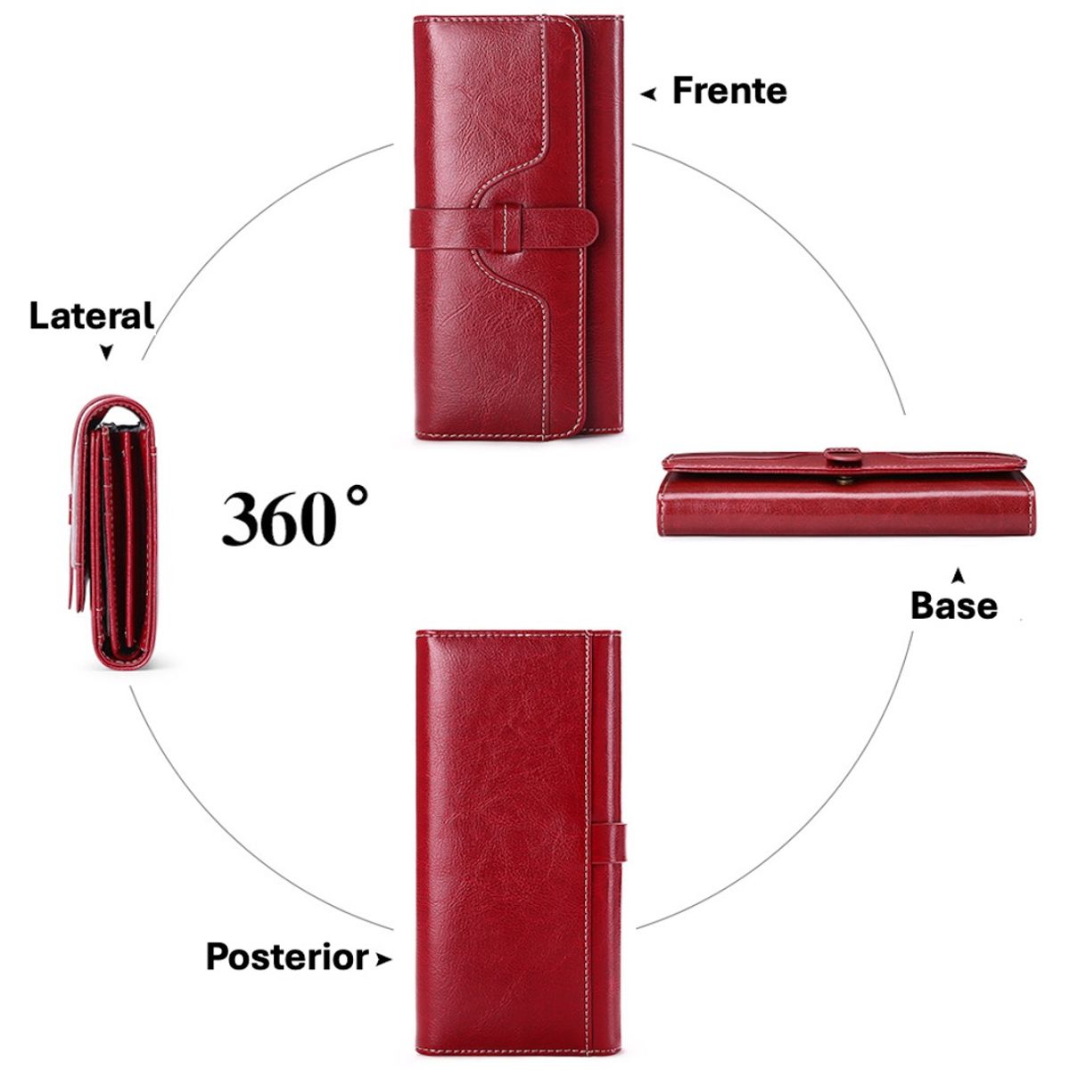 ITERLEVE - Billetera Cartera Larga Cuero Roja Porta Celular Con Cierre