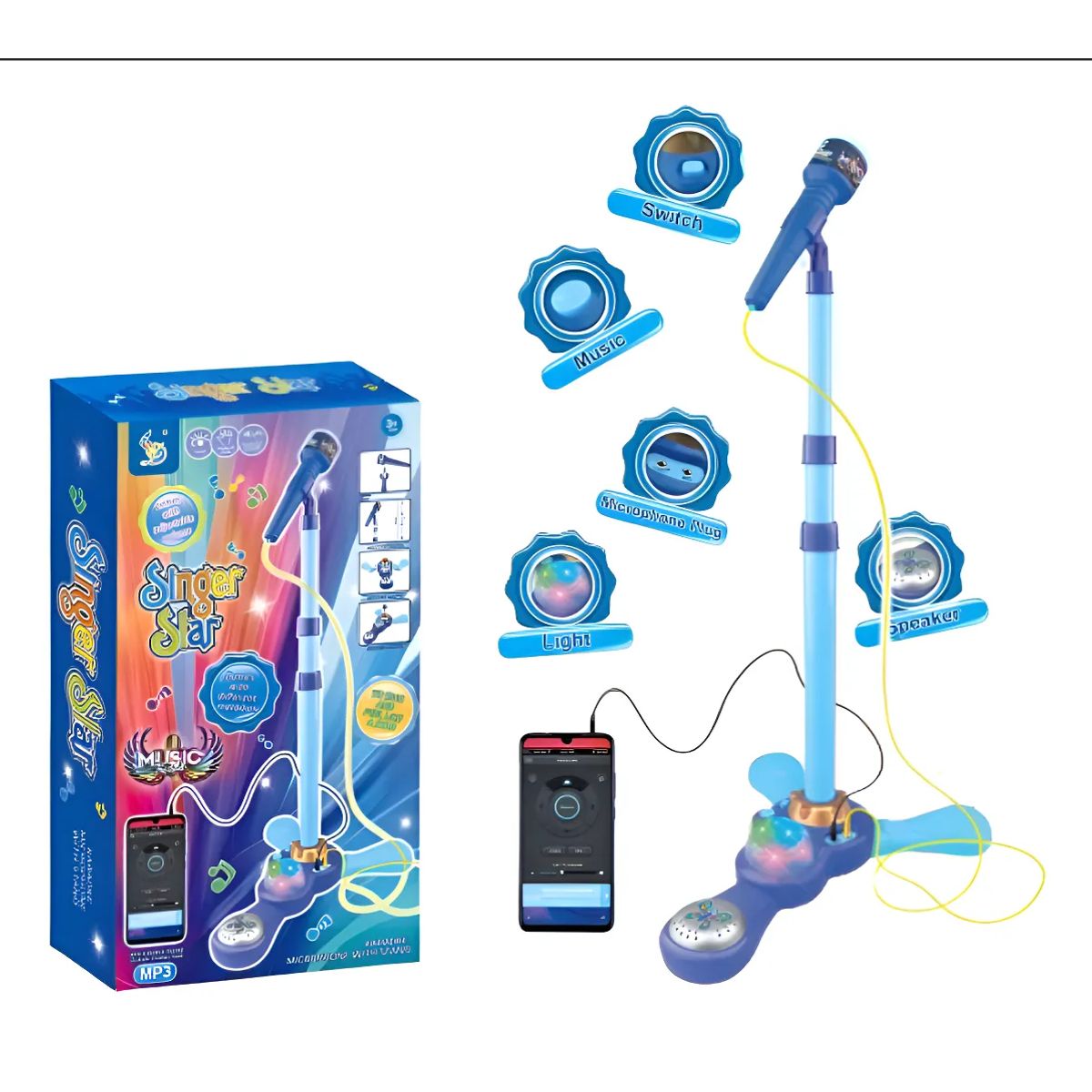 GENERICO - Microfono Pedestal Juguete Mp3 Con Luces Infantil Azul
