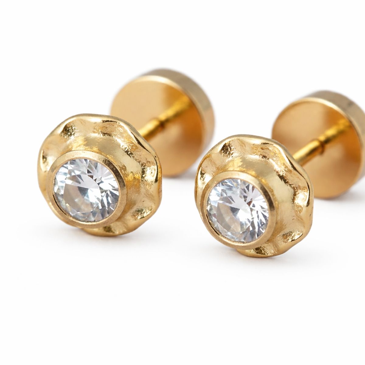JIREH JOYAS - Aros Abridores Chatón Circón 5mm N2 Oro 14K A Presión Bebé Niña Primeros Aros