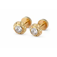 JIREH JOYAS - Aros Abridores Chatón Circón 5mm N2 Oro 14K A Presión Bebé Niña Primeros Aros